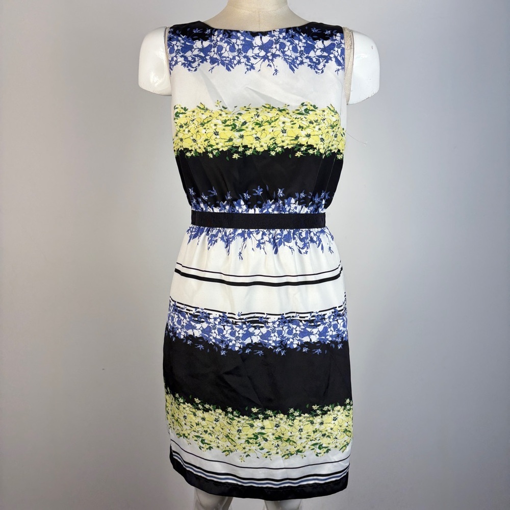 Loft Petite Floral Sleeveless Dress Yellow Blue White Striped Mini XS